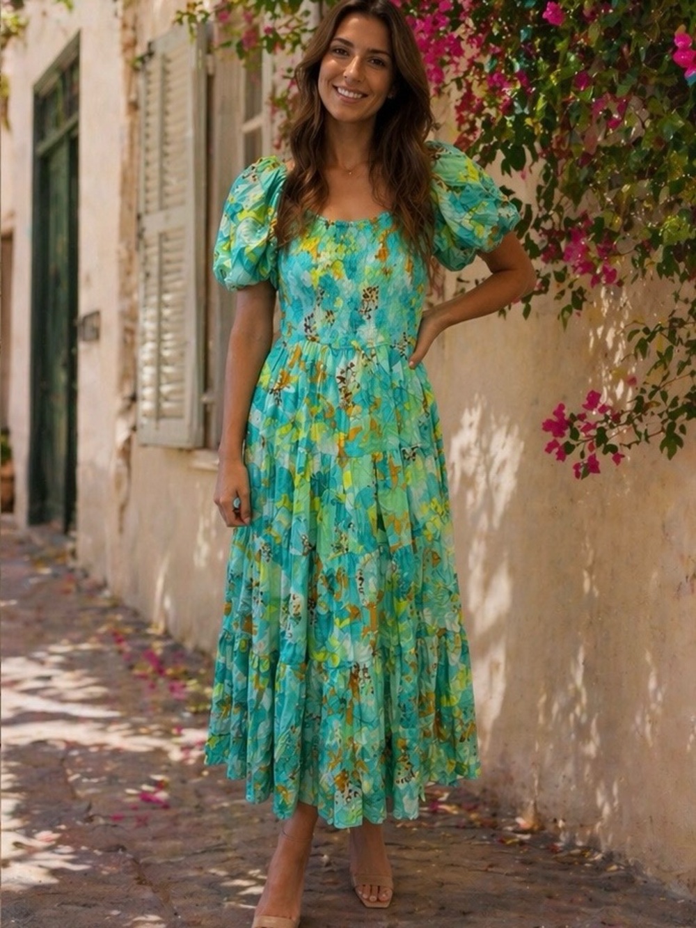 Smocked Aqua Floral Puff-Sleeve Maxi Dress